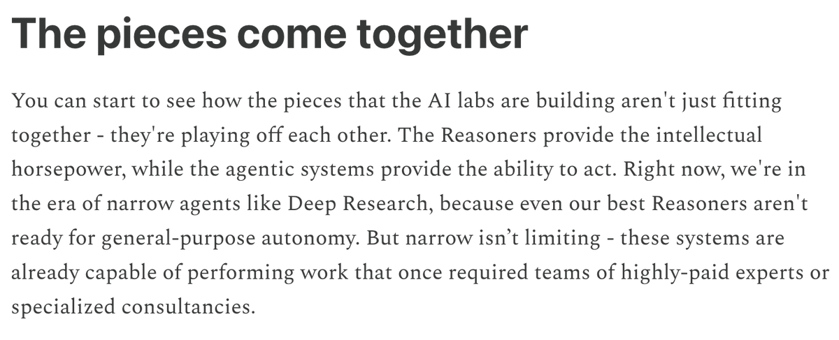 DKThomp's tweet photo. Too many things happening right now, but there's a decent chance the most important announcement in the last 48 hours is confirmation that the frontier AI labs have taken significant steps toward building autonomous digital workers that can "navigate the web, process information across all modalities, and take meaningful action in the world" (@emollick).

So, a disembodied silicon brain that can accomplish complex multi-hour, or multi-day research projects—search on the Internet, read, synthesize, write, and even PowerPoints—in a matter of minutes.

If you're still on team "AI is a waste of time," I genuinely don't know what you think the white-collar economy is.