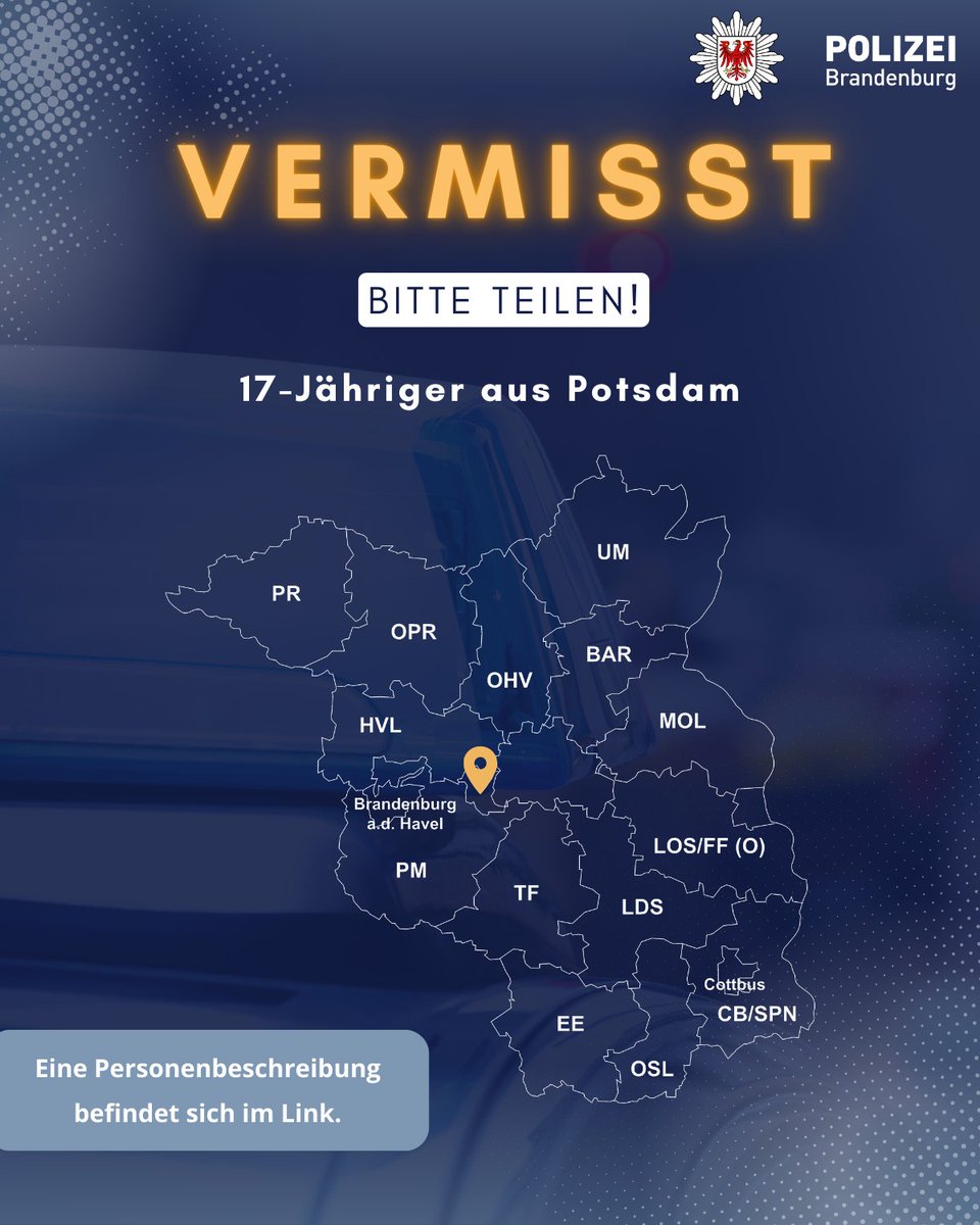 #Fahndung
Wir bitten um Unterstützung! Seit dem 29.01.25 wird ein 17-Jähriger aus #Potsdam #vermisst.

Hinweise an ☎️ 0331 5508-0 

Bild &amp; weitere Infos: polizei.brandenburg.de/fahndung/poliz…

Teilen Sie keine Hinweise über soziale Medien.