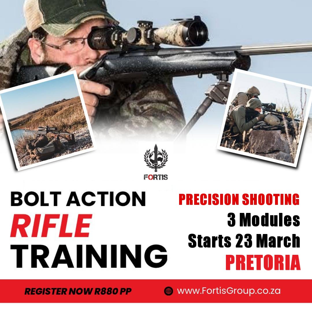 fortisgroup's tweet photo. 📷 BOLT ACTION RIFLE SHOOTING COURSE – MASTER YOUR RIFLE WITH PRECISION! 📷 | 📷 Pretoria | 📷 Starts 23 March 2025 | 📷 R880 per module | https://t.co/pEnaS5p1nb https://t.co/aHnQRfZRZ5