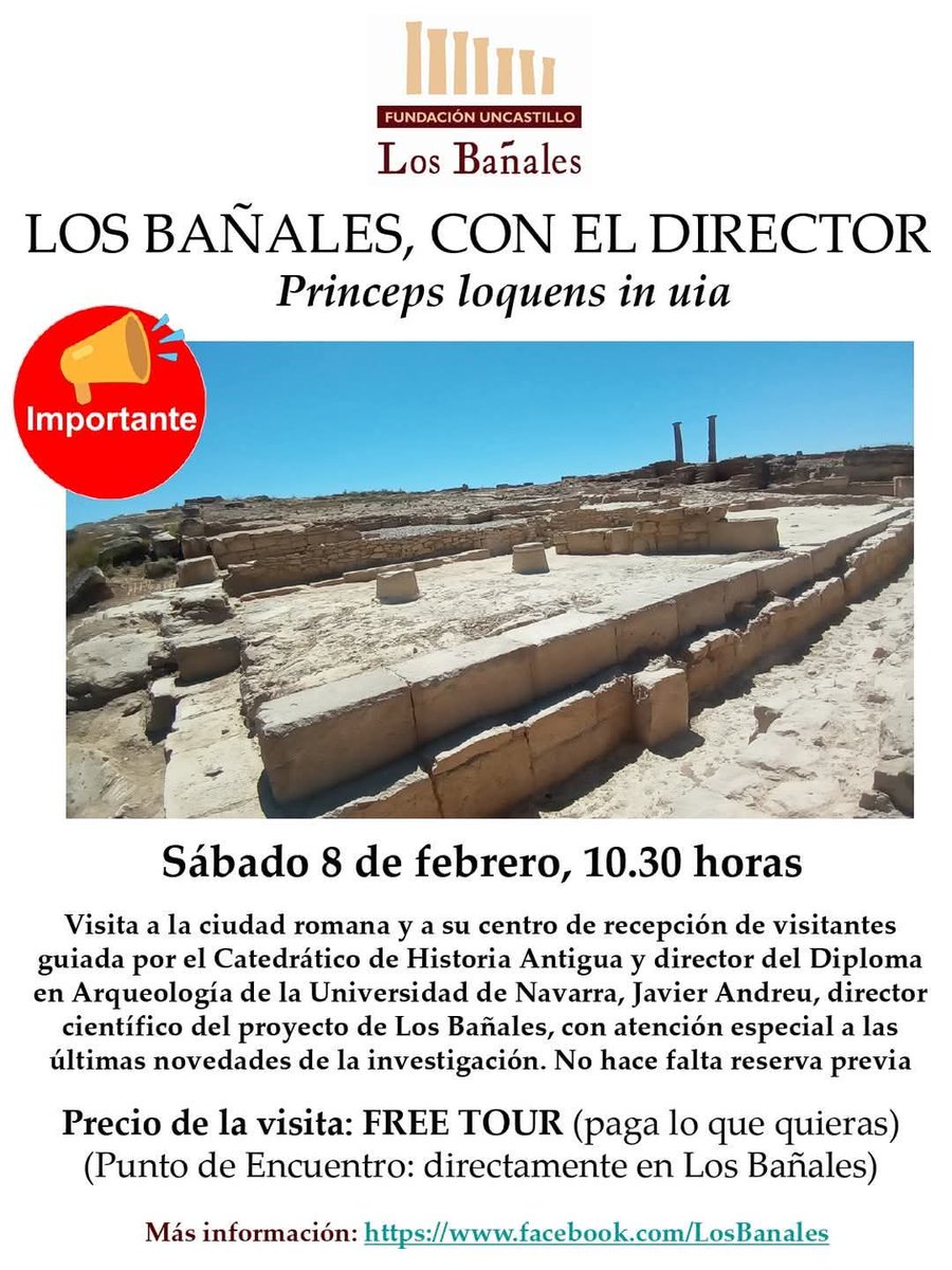 ¿Cómo es posible que no conozcan el yacimiento de Los Bañales, en Uncastillo?
Todo tiene remedio.
En esta ocasión, y en modo freetour, el mismísimo director científico, el catedrático Javier Andreu, será el encargado de realizarles una visita en profundidad. 
¡No se la pierdan!