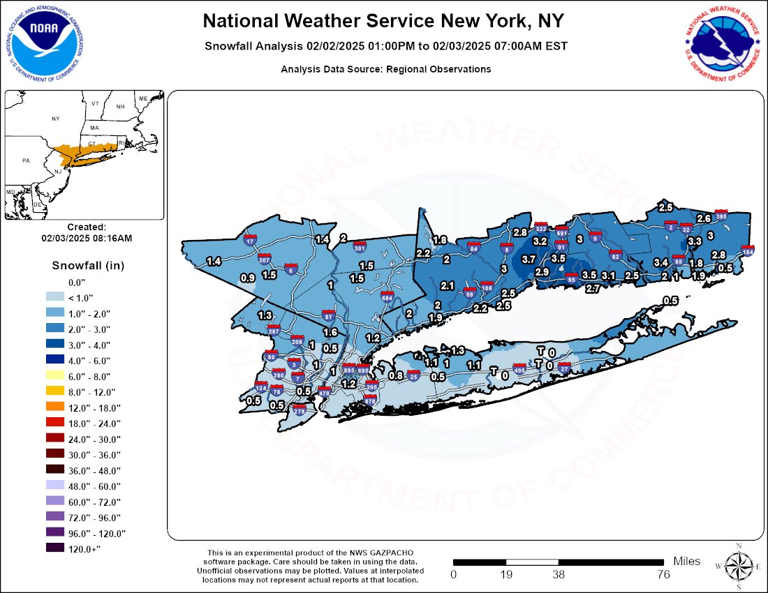 ❄️Last night's snowfall was around 2-4 inches for interior locations and most of southern Connecticut. Snow amounts drop off south of there. NYC &amp; the north shore of LI saw around 1 inch. Southern coastal areas saw mostly rain, with some traces of snow. forecast.weather.gov/product.php?si…