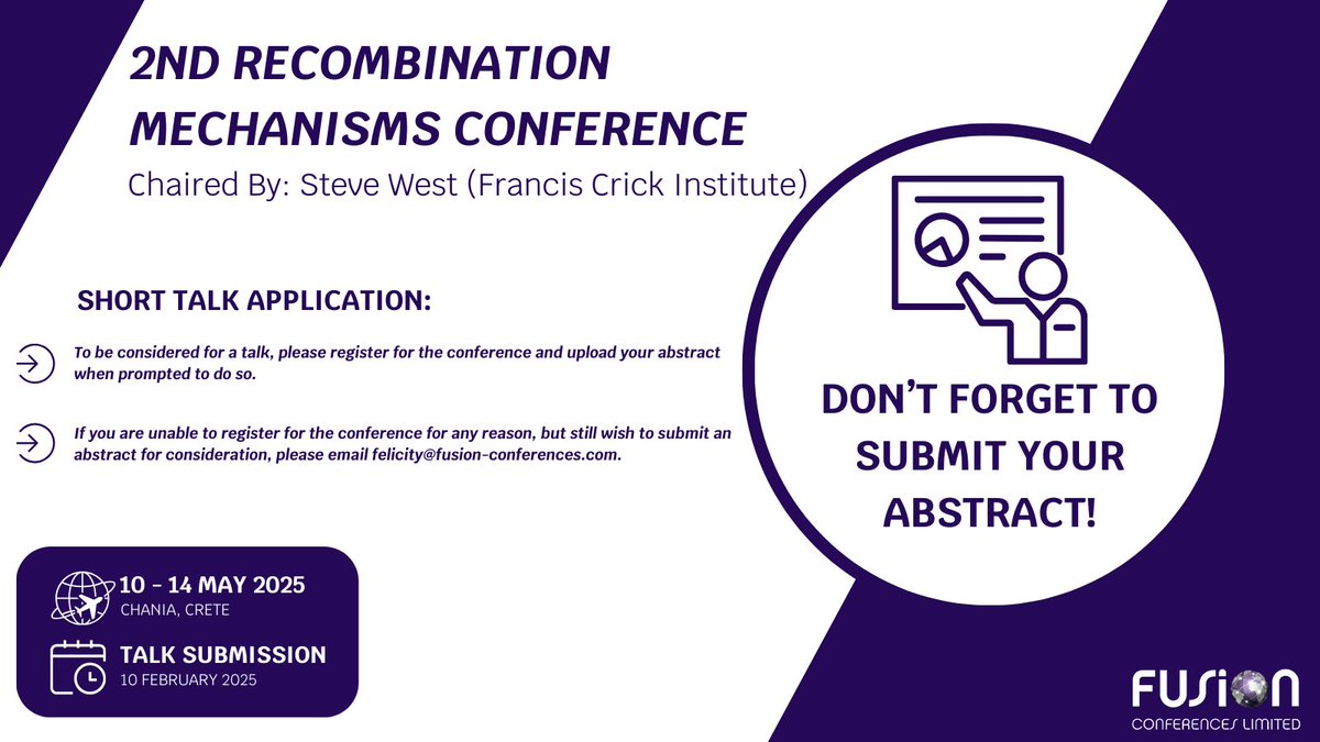 🚨 DEADLINE ALERT! 🚨
This is your LAST CHANCE to submit an abstract for a short talk at #Recombination25. Don't miss out on this incredible opportunity to showcase your research and connect with top experts in the field!
Submit your abstract NOW before time runs out!
For further