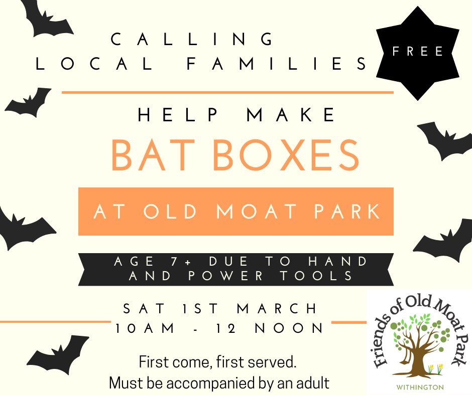 Gavin White (@gavinwhite76) on Twitter photo Help make some bat boxes for Old Moat Park on Saturday 1st March from 10am to 12noon with Friends of <a href="/OldMoatPark/">Friends Old Moat Park</a>.
A free event - first come, first served for children aged 7+, who need to be accompanied by an adult. All welcome to attend from our local community in Old Moat. Help make some bat boxes for Old Moat Park on Saturday 1st March from 10am to 12noon with Friends of <a href="/OldMoatPark/">Friends Old Moat Park</a>.
A free event - first come, first served for children aged 7+, who need to be accompanied by an adult. All welcome to attend from our local community in Old Moat.