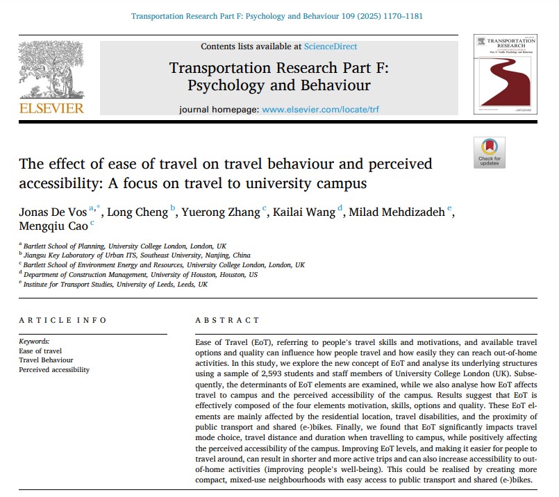 DV_Jonas's tweet image. In this new paper, we found that Ease of Travel (people's perceived ability to travel) impacts travel mode choice, travel distance and duration when travelling to campus, while positively affecting the perceived accessibility of the campus.
Available OA: doi.org/10.1016/j.trf.…
