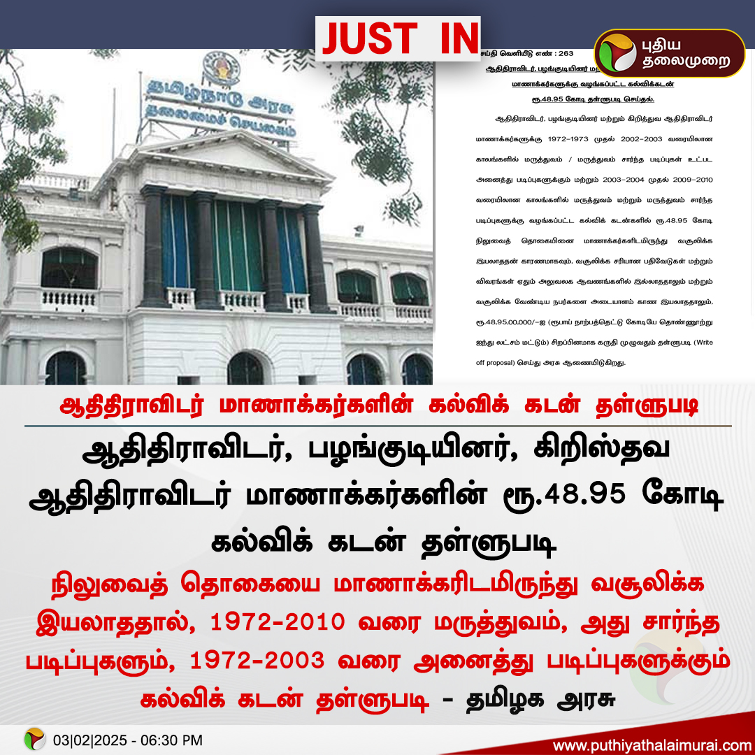 PttvNewsX's tweet photo. #JUSTIN | ஆதிதிராவிடர் மாணாக்கர்களின் கல்விக் கடன் தள்ளுபடி

#Writeoff | #EducationLoan | #TNGovt | #Students https://t.co/n6opKcTmTo