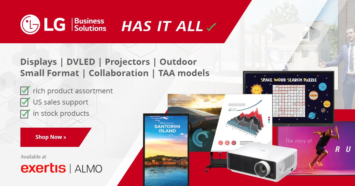 AlmoProAV's tweet image. ✅ We offer a full range of @LGUS #VisualSolutions: #DVLED, #projectors, 😎 outdoor #displays, #InteractiveDisplays, small format &amp;amp; #TAACompliant models. With strong US sales support &amp;amp; in-stock availability, experience unparalleled innovation &amp;amp; support ⟫know.exertisalmo.com/l/26052/2025-0…