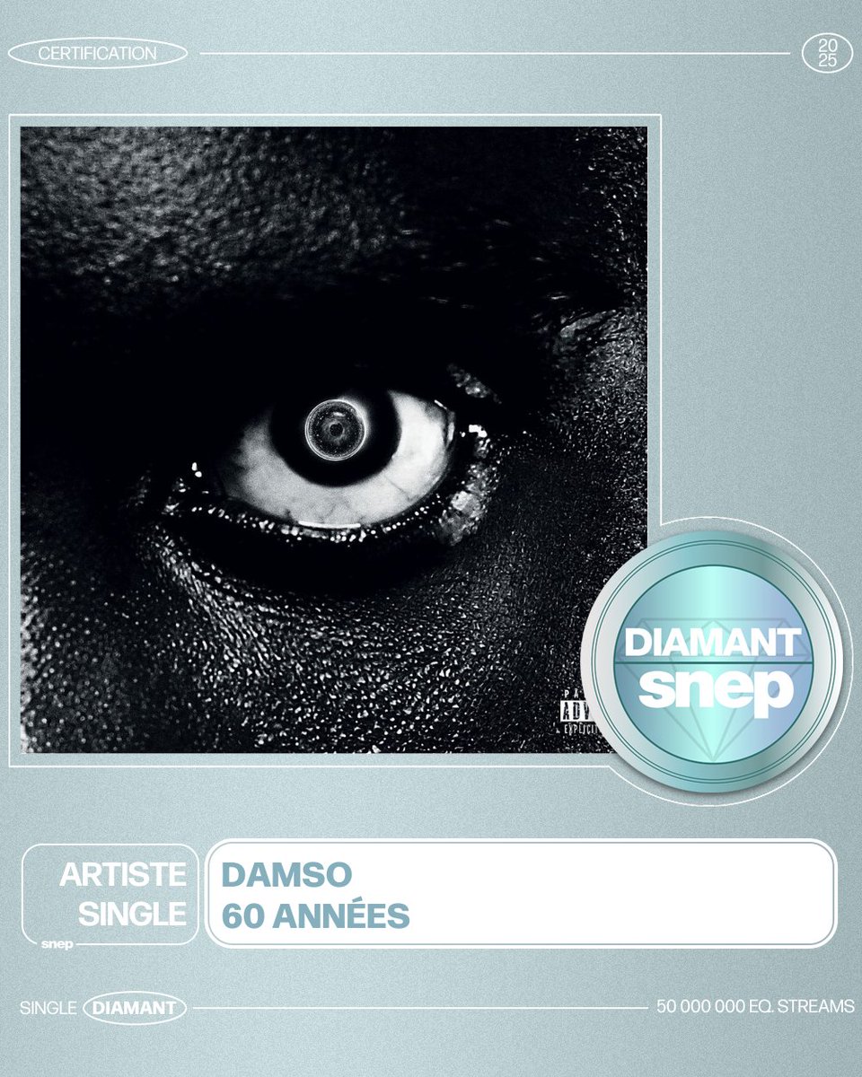 snep's tweet image. Le titre « 60 années » de Damso est certifié Single Diamant ! 💎

50 000 000 équivalents streams 🎧

Bravo ! 👏