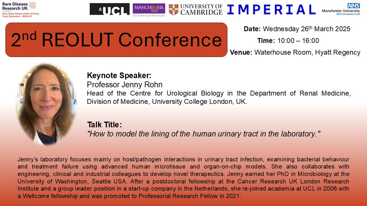🚨Keynote Speaker Announcement 🚨
🎙️Prof. Jenny Rohn - UCL 
📢"How to model the lining of the human urinary tract in the laboratory."

✨2nd REOLUT Conference 
🗓️26th March 2025 
🏨 Hyatt Regency, Manchester
🎟️Tickets: buytickets.at/rdrukepigenrar…

<a href="/JennyRohn/">Prof Jennifer L. Rohn</a> 
<a href="/RDRUKHub/">Rare Disease Research UK</a>