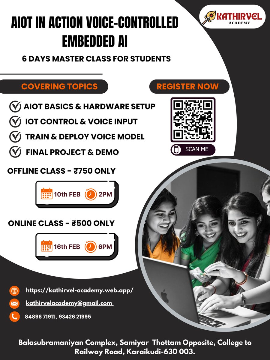 hedjiho's tweet image. 🚀 **Master AIoT: Voice-Controlled Embedded AI!** 🔥
REGISTER NOW : forms.gle/nNpq9VGNkyg9dA…
📞 **Contact:** 84896 71911 | 93426 21995
🔗 kathirvel-academy.web.app

#TechWorkshop 🚀
#AIoTRevolution 🤖
#LearnWithAI 🔥
#FutureInnovators?