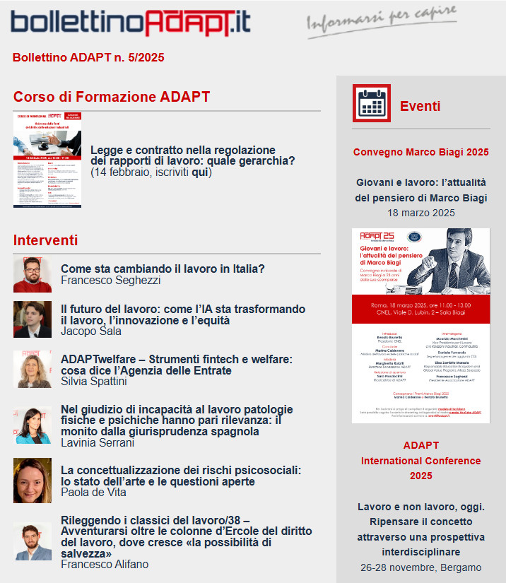 bollettinoADAPT's tweet image. 🆕#BollettinoADAPT n. 5/2025

#ConvegnoMarcoBiagi #ADAPTconference2025 #ADAPTwelfare #lavorodomestico #appalti #formazione #caregiver #assegnodiinclusione #pensioni

➡️Leggi qui: mailchi.mp/adapt/bolletti…

✍️Iscriviti alla newsletter: bollettinoadapt.us3.list-manage.com/subscribe?u=47…