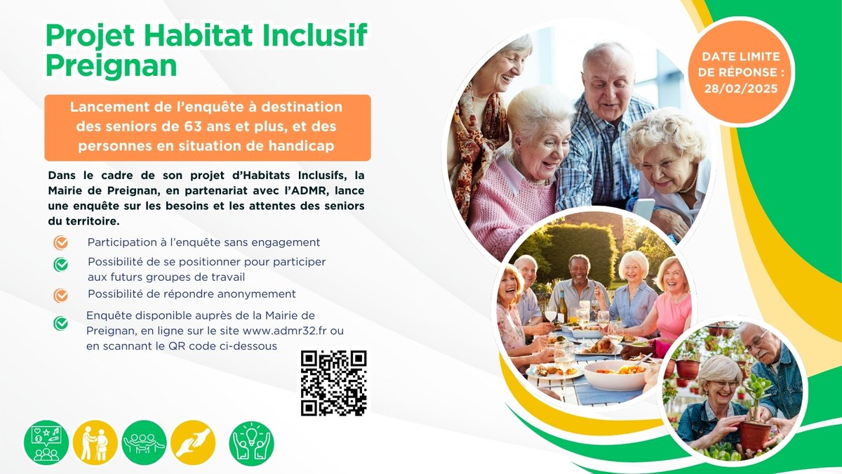 👉Projet Habitats Inclusifs de #Preignan
📝Lancement de l'enquête Habitats Inclusifs à destination des seniors
🌐 Enquête disponible auprès de la Mairie de #Preignan ou en ligne 👉public-admr-32.ageval.fr/form-292799
📅 Réponse avant le 28/02/2025
<a href="/followers/">はうはう</a> <a href="/ADMRun/">ADMR</a> #preignan #HabitatInclusif