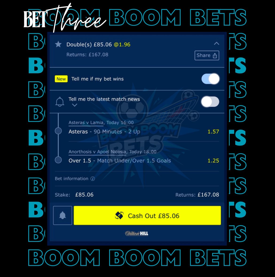 BoomBoomBetss's tweet photo. £20 - £1000 Ladder Challenge 🪜

Bet 3. Kicks off at 16:00 🕰️ 
And hoping for one more after 🤞🏼

Asteras to win (vs. Lamia)
Anorthosis vs. Apoel Over 1.5 goals

£85.06 stake returns £167.08 💥

18+ Gamble Responsibly 🙏🏻 https://t.co/D55J7AWzBs