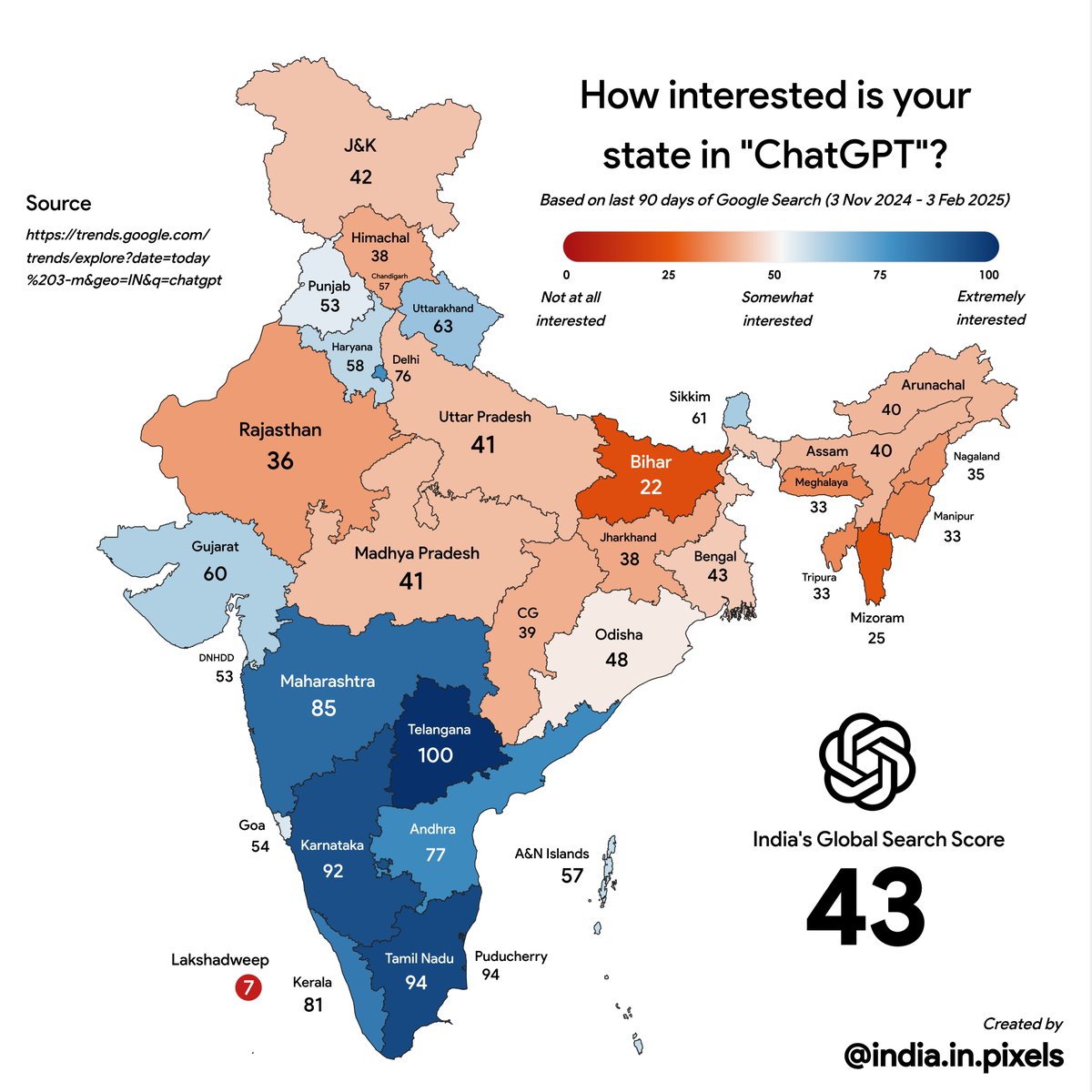 indiainpixels's tweet photo. How interested was your state in ChatGPT in the last 90 days? https://t.co/T0mRxahCzr