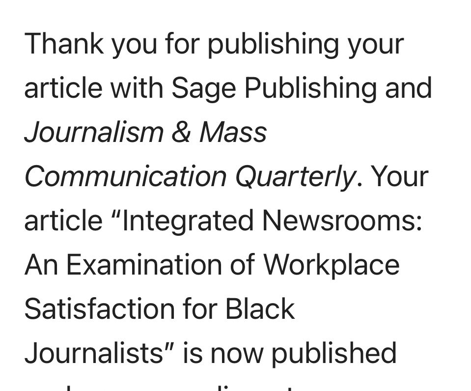 MiaMoodyPhD's tweet image. Excited to receive this news. Our article “Integrated Newsrooms: An Examination of Workplace Satisfaction for Black Journalists” is now published. Coauthored with @dorisalice and @G_Platenburg The link is doi.org/10.1177/107769…