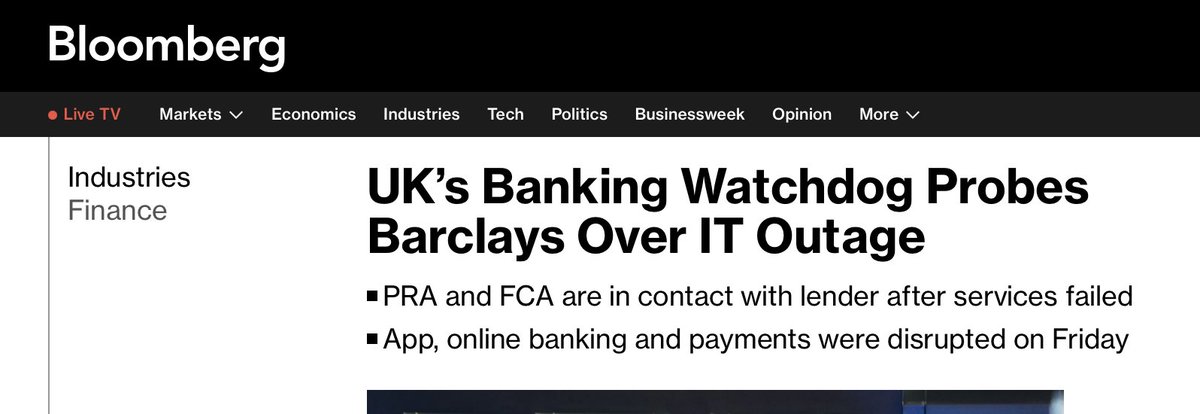 jenstilmanydots's tweet photo. UK regulators are in close contact with Barclays after an IT problem left thousands of customers locked out of their accounts for several days. Customers were having trouble with the app and online banking, and with payments in and out of their accounts.
https://t.co/86L4knD1b8 https://t.co/BT6kDe9sJc