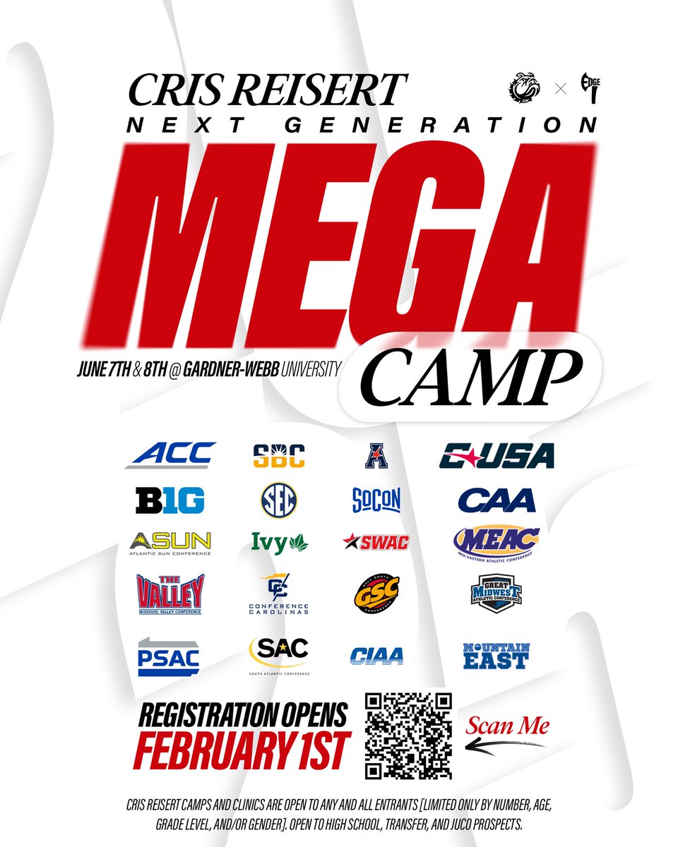 COACH PAYTON VERALDI (@coachveraldi) on Twitter photo MEGA CAMP MONDAY IS BACK‼️‼️‼️
SIGN UP WITH THE QR CODE BELOW.
Any questions email: pveraldi@gardner-webb.edu MEGA CAMP MONDAY IS BACK‼️‼️‼️
SIGN UP WITH THE QR CODE BELOW.
Any questions email: pveraldi@gardner-webb.edu