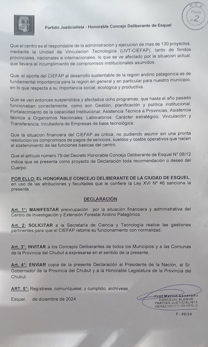 El <a href="/Ciefap_/">Ciefap</a> en riesgo por falta financiamiento de <a href="/innovacionar/">Secretaría de Innovación, Ciencia y Tecnología</a> y @ambientenaci, perjudicando investigación p/ #incendiosforestales o #interesase, hasta el apoyo a industrias forestales.

Presentamos, a fin 2024, un Declaración, como lo hiciera el <a href="/trevelinhcd/">hcd trevelin</a> y <a href="/LegisdelChubut/">Legislatura del Chubut</a>