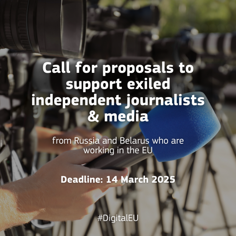 DigitalEU's tweet photo. Last year 1500 independent journalists from 🇷🇺 &amp; 🇧🇾 were estimated to have fled or relocated to the EU.

📰To support them in producing content &amp; distributing without interference, we are launching a new call for proposals to support exiled independent journalists.

Apply now↓