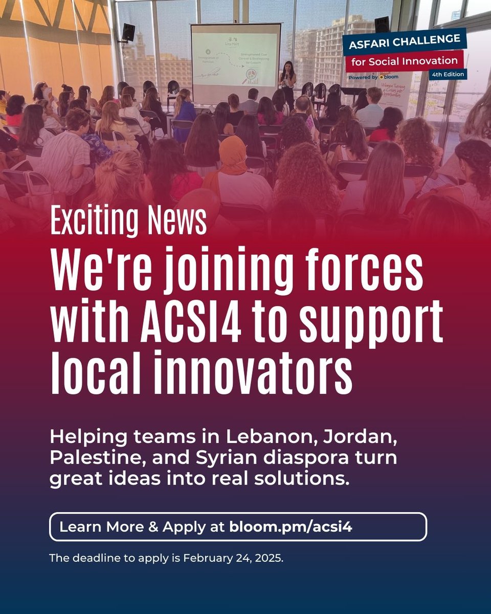 We’re proud to partner with <a href="/asfari_found/">The Asfari Foundation (Official)</a> &amp; <a href="/BloomEMEA/">Bloom 🌻 Skills for Growth</a> for the 4th Asfari Challenge for Social Innovation (#ACSI4), supporting social entrepreneurs in Lebanon, Jordan, Palestine, &amp; the Syrian diaspora.
📅 Apply by Feb 24: bloom.pm/acsi4
#ACSI4