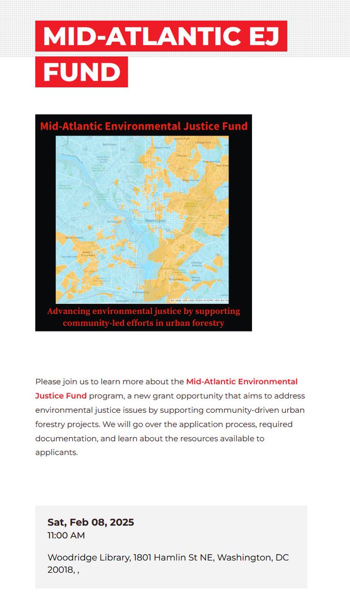 Grant opportunity to advance environmental justice by supporting community-led efforts in urban forestry.  Learn more about it here cbtrust.org/grants/maejf/ or next Saturday at the Woodridge Library.
