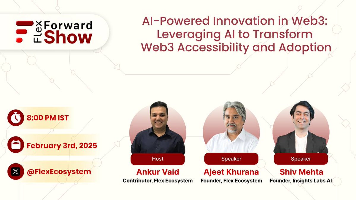 FlexEcosystem's tweet image. 🎙️ TODAY&apos;S THE DAY! 

Don&apos;t miss The Flex Forward Show happening in just an hour!

Join us for an insightful discussion on &quot;AI-Powered Innovation in Web3: Leveraging AI to Transform Web3 Accessibility and Adoption&quot; with industry leaders Ajeet Khurana and Shiv Mehta.

⏰ Tonight…