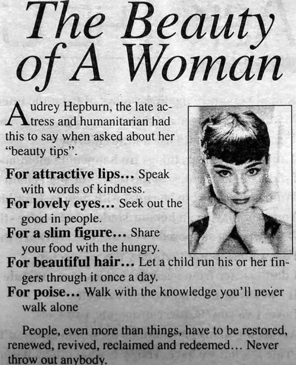 KLM_blessed's tweet photo. Audrey Hepburn’s beauty tips.✨ https://t.co/PO6Klvh2NK