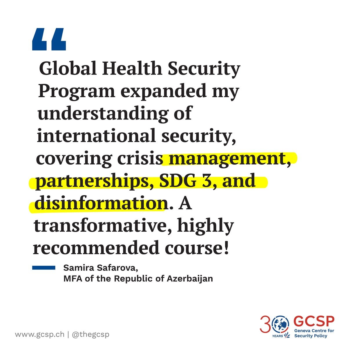 TheGCSP's tweet photo. 💡 Expand Your Horizons in Global Health Security

"A transformative program offering key insights into global security. Highly recommended!"
— Samira Safarova

Apply now! https://t.co/W1HFCXm3Z8
#GlobalHealthSecurity #GCSPCourse https://t.co/HuNqQBPksd