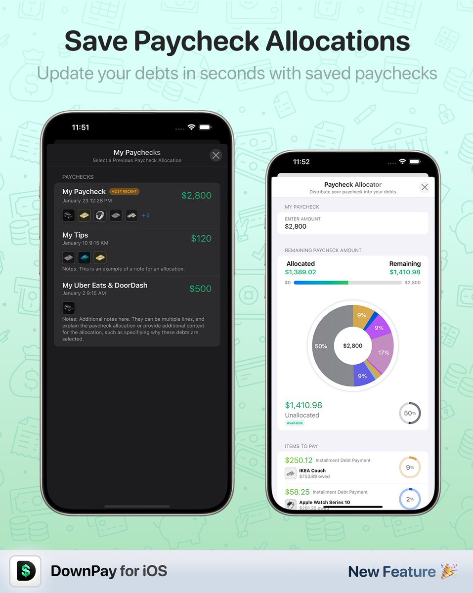 almostzeroapp's tweet photo. 🚀 DownPay 1.7.8 is here! 🎉

✅ Saved Paycheck Allocations – Save, reuse &amp; import paycheck distributions in seconds!

💰 Faster Debt Updates – Instantly apply saved allocations instead of re-entering payments.

🐛 Bug Fixes &amp; UI Enhancements

Update now 📲 #SwiftUI https://t.co/mGWHdMAlth