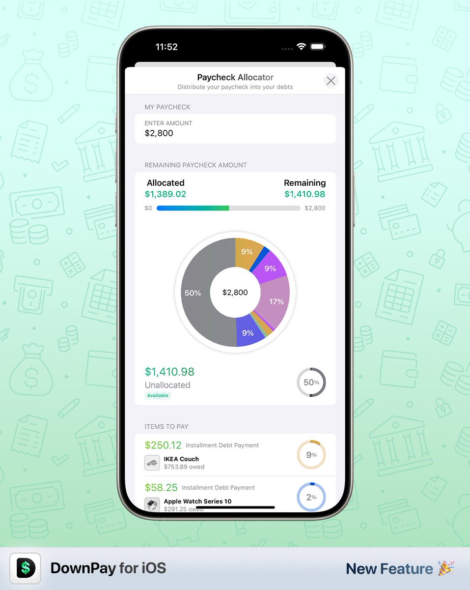 almostzeroapp's tweet photo. 🚀 DownPay 1.7.8 is here! 🎉

✅ Saved Paycheck Allocations – Save, reuse &amp; import paycheck distributions in seconds!

💰 Faster Debt Updates – Instantly apply saved allocations instead of re-entering payments.

🐛 Bug Fixes &amp; UI Enhancements

Update now 📲 #SwiftUI https://t.co/mGWHdMAlth