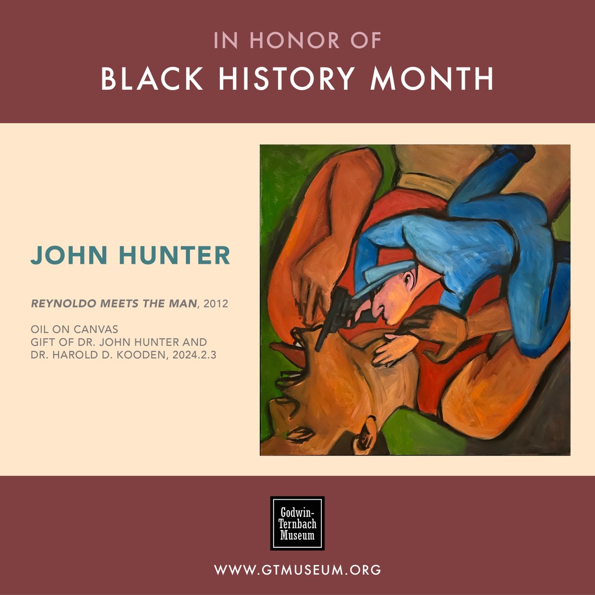 This February, we honor Black History Month with the powerful work of artist John Hunter. Two of his paintings will be on display at our gallery entrance throughout the month.
Join us as we reflect on these stories through art. 
#GTM #GodwinTernbach #GTMuseum #BlackHistoryMonth
