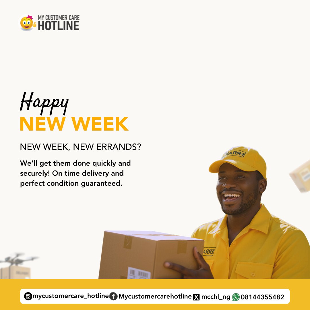 mcchl_ng's tweet image. Happy New Week!  👋  What errands are you dreading this week?  Let us take them off your to-do list!  Fast, secure, and reliable delivery service.  
#ErrandSolutions #DeliveryHelp #LagosLiving #NigeriaLiving #BusyWeek #TimeSaver #DeliveryService #QuickAndEasy #ReliableService