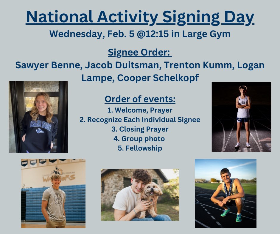 Signing Day is on Wednesday. Go Warriors!

#WeAreWarriors <a href="/LLWarriorsXC/">LincolnLutheranXC</a> <a href="/LinLutheranTF/">LincolnLutheranTF</a> <a href="/LLBoysHoops/">Lincoln Lutheran Boys Basketball</a> <a href="/ll_wrestling/">LLWarriorWrestling</a>