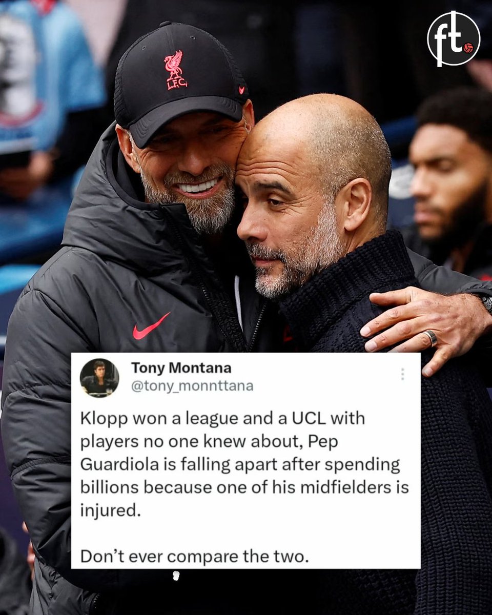 Pep won a treble and is the only manager in history to win four Premier League titles in a row.

Please don't compare him to Klopp. 😭