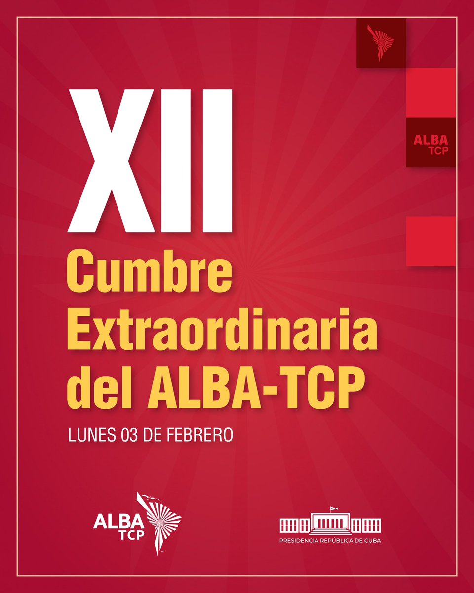 🇨🇺| Hoy, los Jefes de Estado y Primeros Ministros del <a href="/ALBATCP/">ALBA</a> se reúnen en la XII Cumbre Extraordinaria de ese importante mecanismo de integración, fundado por los comandantes #Fidel Castro Ruz y Hugo #Chávez Frías.