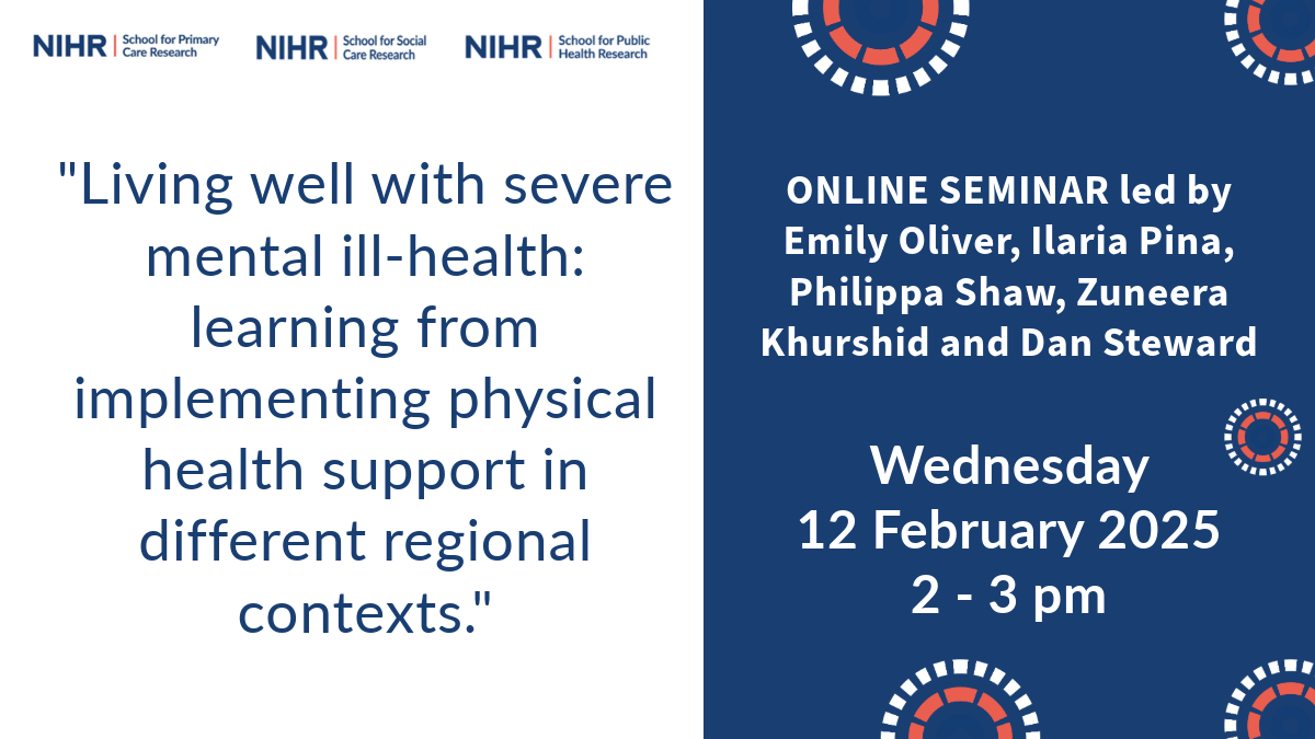 NIHR School for Primary Care Research (@nihrspcr) on Twitter photo Three Research Schools' Online Seminar | Living well with severe mental ill-health: learning from implementing physical health support in different regional contexts. 12 Feb 2025, 2pm to 3pm. Find out more: spcr.nihr.ac.uk/events/living-…
#MentalHealth
<a href="/Ashmore2009/">Claire Ashmore</a>
<a href="/GeorginaSPCR/">Dr Georgina Fletcher</a> Three Research Schools' Online Seminar | Living well with severe mental ill-health: learning from implementing physical health support in different regional contexts. 12 Feb 2025, 2pm to 3pm. Find out more: spcr.nihr.ac.uk/events/living-…
#MentalHealth
<a href="/Ashmore2009/">Claire Ashmore</a>
<a href="/GeorginaSPCR/">Dr Georgina Fletcher</a>