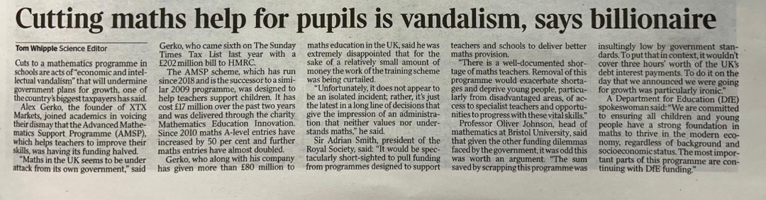 The Times reports on funding cuts to the Advanced Maths Support Programme (AMSP) this morning 📰

Maths skills are a key driver of economic growth and are critical to helping the Government achieve its ambitious growth plans.

Funding for maths provision must be protected.