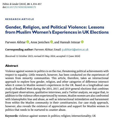 📢New issue of #PAG20 is out!📢 

<a href="/DrParveenAkhtar/">Parveen Akhtar</a>, <a href="/AnneJenichen/">Anne Jenichen</a> &amp; <a href="/H_Intezar/">Hannah</a> demonstrate how violence against women in politics is different for Muslim women running for office in the 🇬🇧  in "Gender, Religion, and Political Violence" 
🌟 #OpenAccess 🌟

buff.ly/3CuINLl
