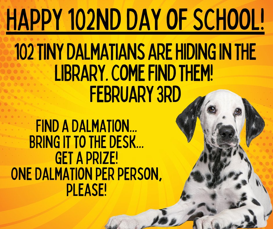 SRTexanLibrary's tweet image. Hey @SamRayburn_HS Students, It is the 102nd Day of School! Come on in to your #TexanLibrary for our Tiny Dalmatian Hide &amp;amp; Seek. Find a Dalmatian, Bring it to the desk, Get a Prize! 1 prize per person.  #pisdREADS