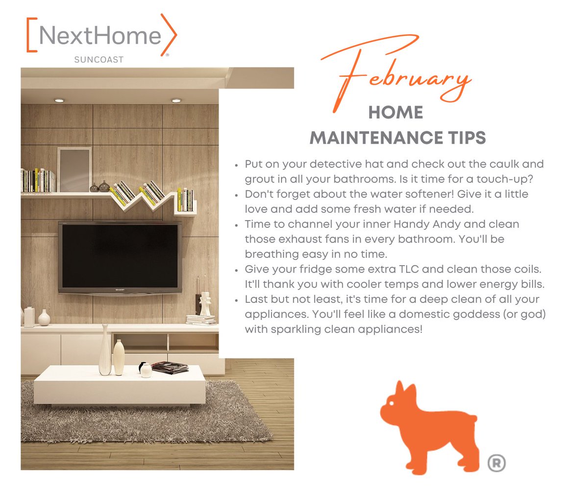 NHSuncoast's tweet image. February is here, and it's the perfect time to show our homes some love! 🏠✨ Let’s make our homes happy by trying these tips to keep your place in top shape! Who’s ready to sparkle and shine? 🙌 

#HomeMaintenance #FebruaryFixes #NextHomeTips #SparkleAndShine #NextHomeSuncoast