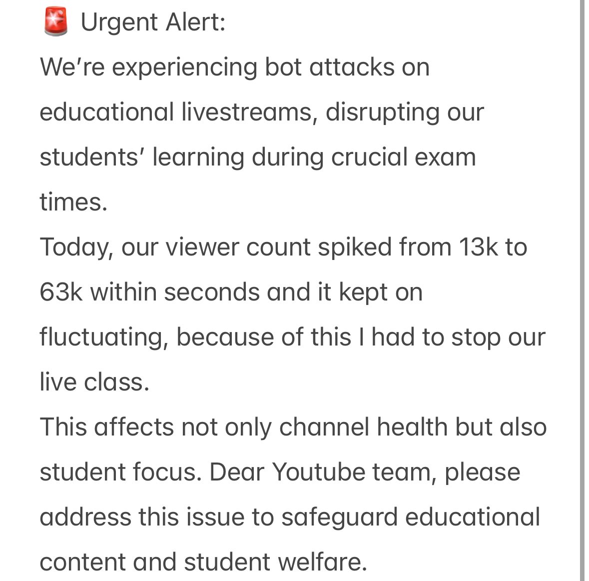 Next Toppers (@next_toppers) on Twitter photo <a href="/YouTubeIndia/">YouTube India</a> <a href="/YTCreatorsIndia/">YouTube Creators India</a>
Please look into this issue, we don’t want to waste our students’ crucial time because of these attacks.
#stopbotattack #FreeEducation #EducationFirst <a href="/YouTubeIndia/">YouTube India</a> <a href="/YTCreatorsIndia/">YouTube Creators India</a>
Please look into this issue, we don’t want to waste our students’ crucial time because of these attacks.
#stopbotattack #FreeEducation #EducationFirst