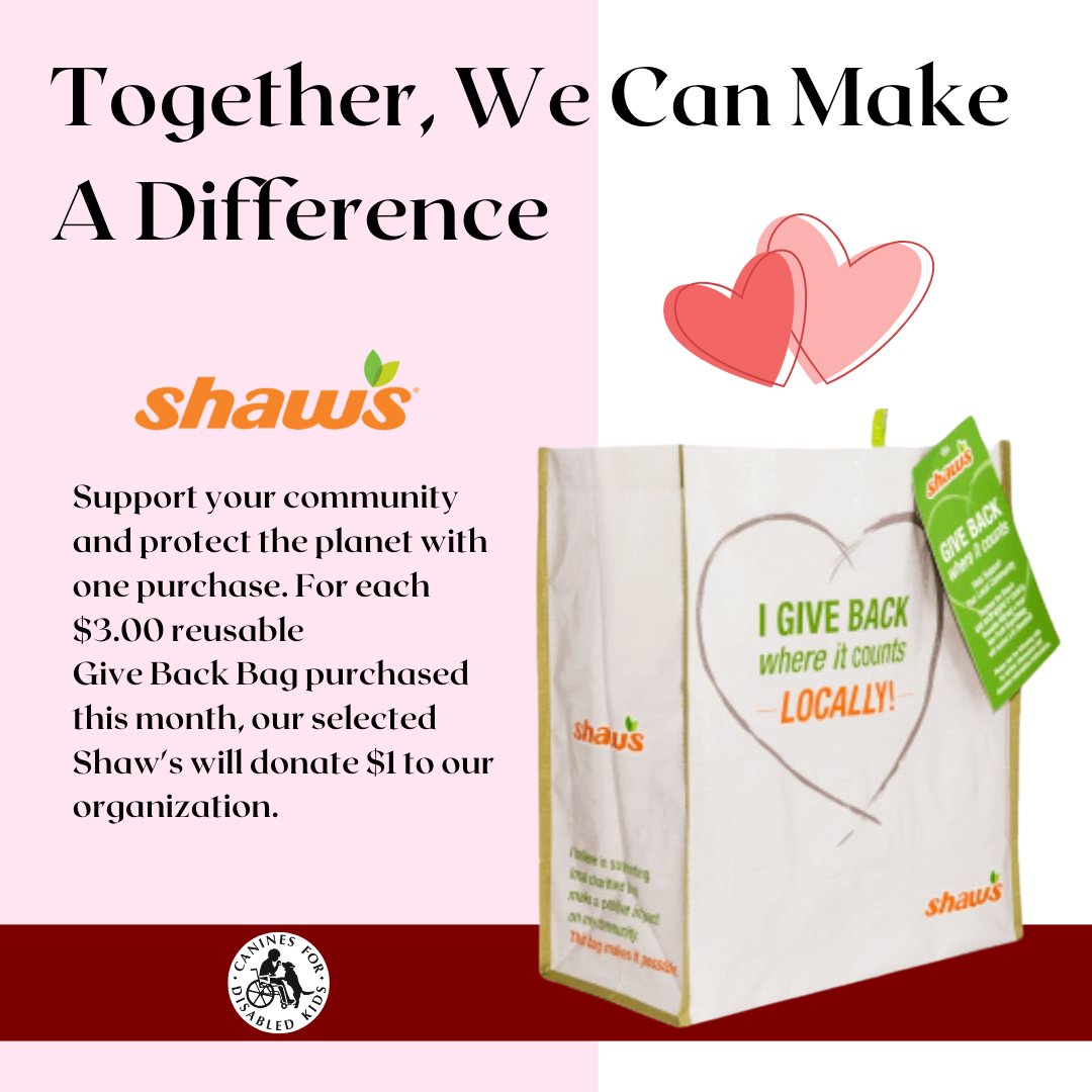 Share the love and stop by Shaws on Stafford Street in Worcester to pick up your $3 Shaws GIVE BACK WHERE IT COUNTS reusable bag! For each bag purchased CDK will receive $1! 
 
#cdk #shawsgivesback #makeadifference