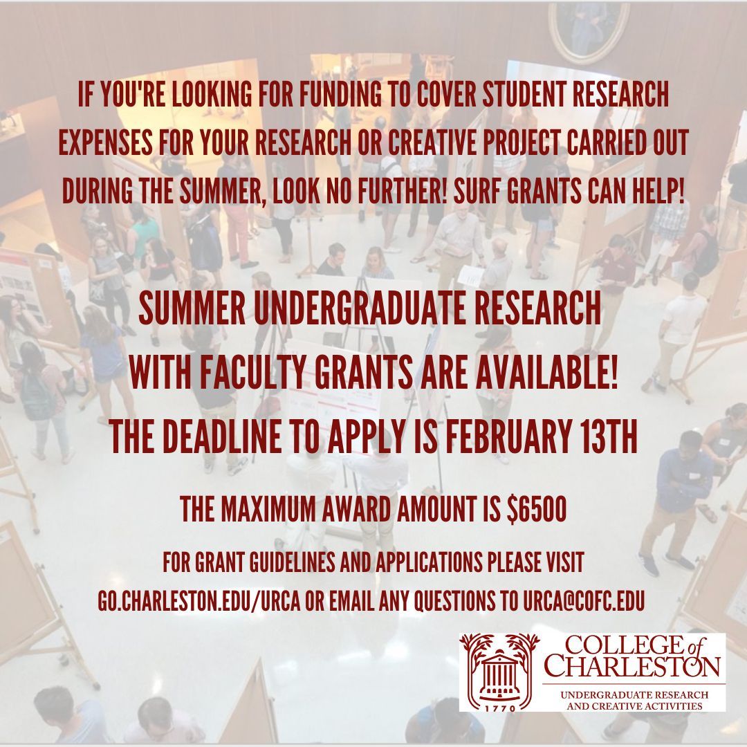 cofcurca's tweet photo. We are here to help! Consider applying for a SURF grant when working through summer research or creative projects. More information can be found on our website at  https://t.co/fyWUH05POR. https://t.co/UBcrxldNwM