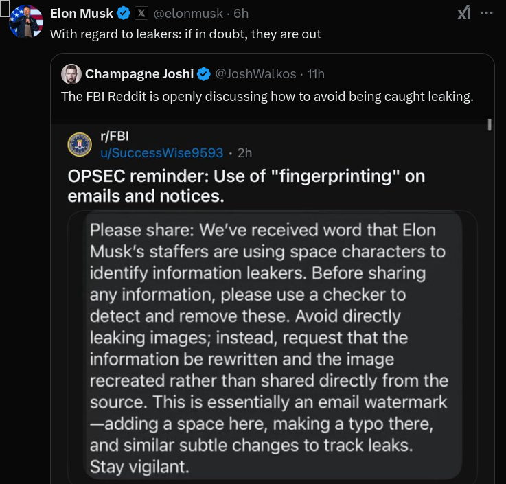 BrianGPowell's tweet photo. @elonmusk #SoftwareEngineer many years
#OpSec has ZERO chance of BS at this point
Throw in some special characters here, maybe few #ZeroWidth characters...some #BackSpace chars etc....have fun with that one #OpSec
Knock it off...time for #TransParency!
Good luck on avoiding #CheckSum's too https://t.co/DxLgafxpgf