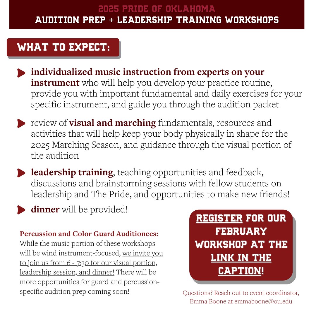 Preparing for your 2025 Pride audition? In the Norman area? Join us this Friday for dinner, music, and visual training to get you in shape! Register here: docs.google.com/forms/d/e/1FAI…