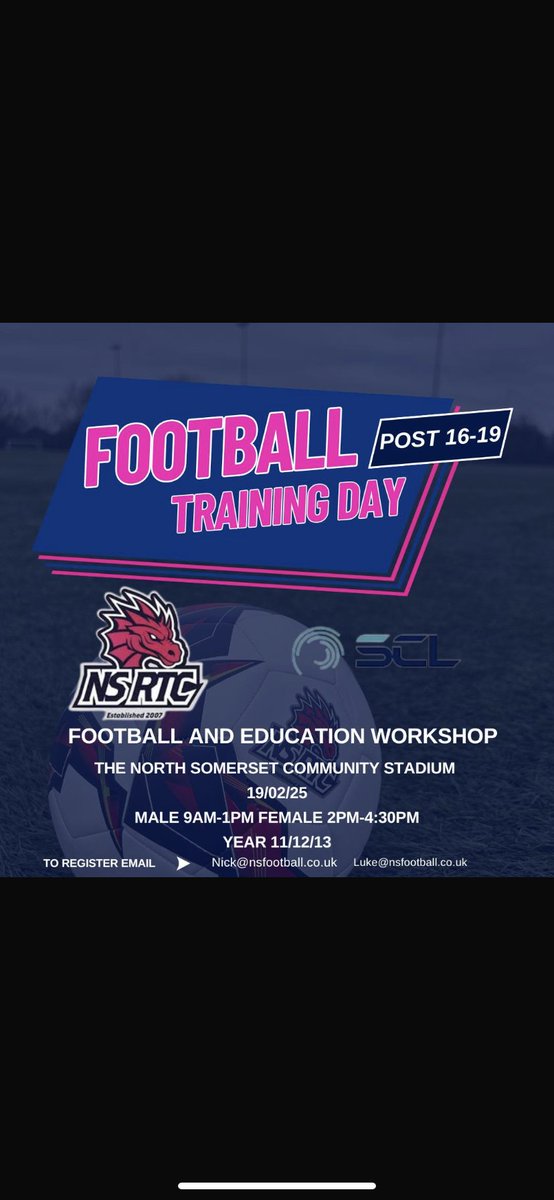 North Somerset RTC (@northsomersetfd) on Twitter photo ⚽️Announcement Male and Female Post 16 - 19 Training day coming up on 19/02 - Please Register with Luke@nsfootball.co.uk #Football #Education #NorthSomersetWay #FootballTrainingDay ⚽️Announcement Male and Female Post 16 - 19 Training day coming up on 19/02 - Please Register with Luke@nsfootball.co.uk #Football #Education #NorthSomersetWay #FootballTrainingDay