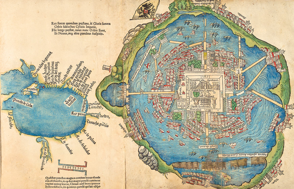 Este fue el primer mapa de #Tenochtitlan en Europa (Nuremberg, 1524), publicado con las cartas de Cortés a Carlos V (el de los chocolates). Basado en un mapa indígena o bosquejo del propio Cortés, muestra la ciudad con el Templo Mayor en el centro. #Randomtwitt