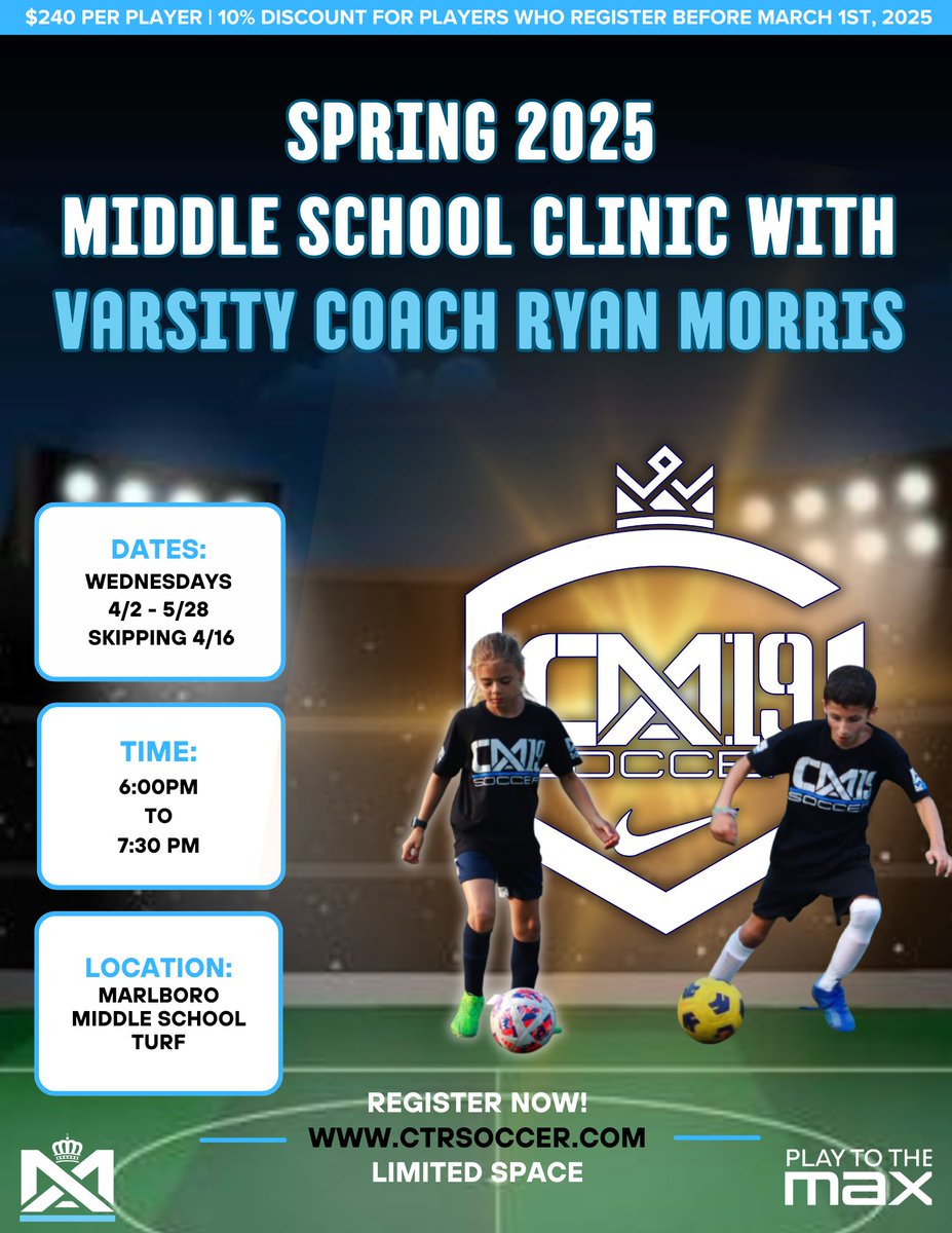 Check out the spring clinic coming up for any players that want to play high school soccer in the future. This is a great way for the coaching staff to get to know you! Current varsity players will also be there each week
