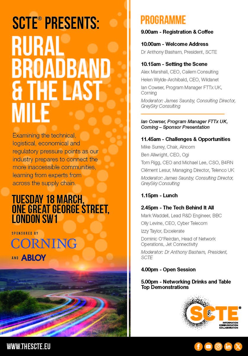 Register now! Don't miss out, this will be an important event for our industry. Places are free of charge but are limited! Thanks to our sponsors <a href="/CorningOpComm/">Corning OpComm</a>  and <a href="/abloymedia/">ABLOY UK</a> and our marvellous speakers!
thescte.eu/events/scte-le…
#rural #broadband #fibre #altnets #consolidation