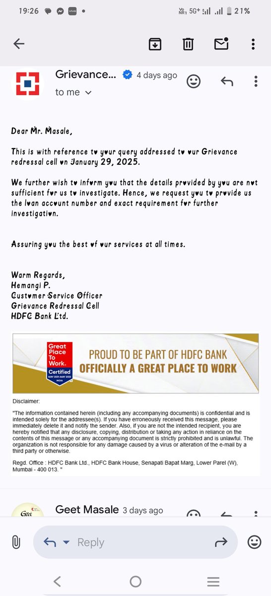 MasaleGeet's tweet photo. HDFC Bank keeps asking for the same details in multiple emails, wasting my time for the details I have already Shared. They're just beating around the bush and not solving the actual problem. @HDFCBank_Cares @HDFC_Bank @RBI #hdfcfraud #hdfcscam https://t.co/LjWfljNXBE