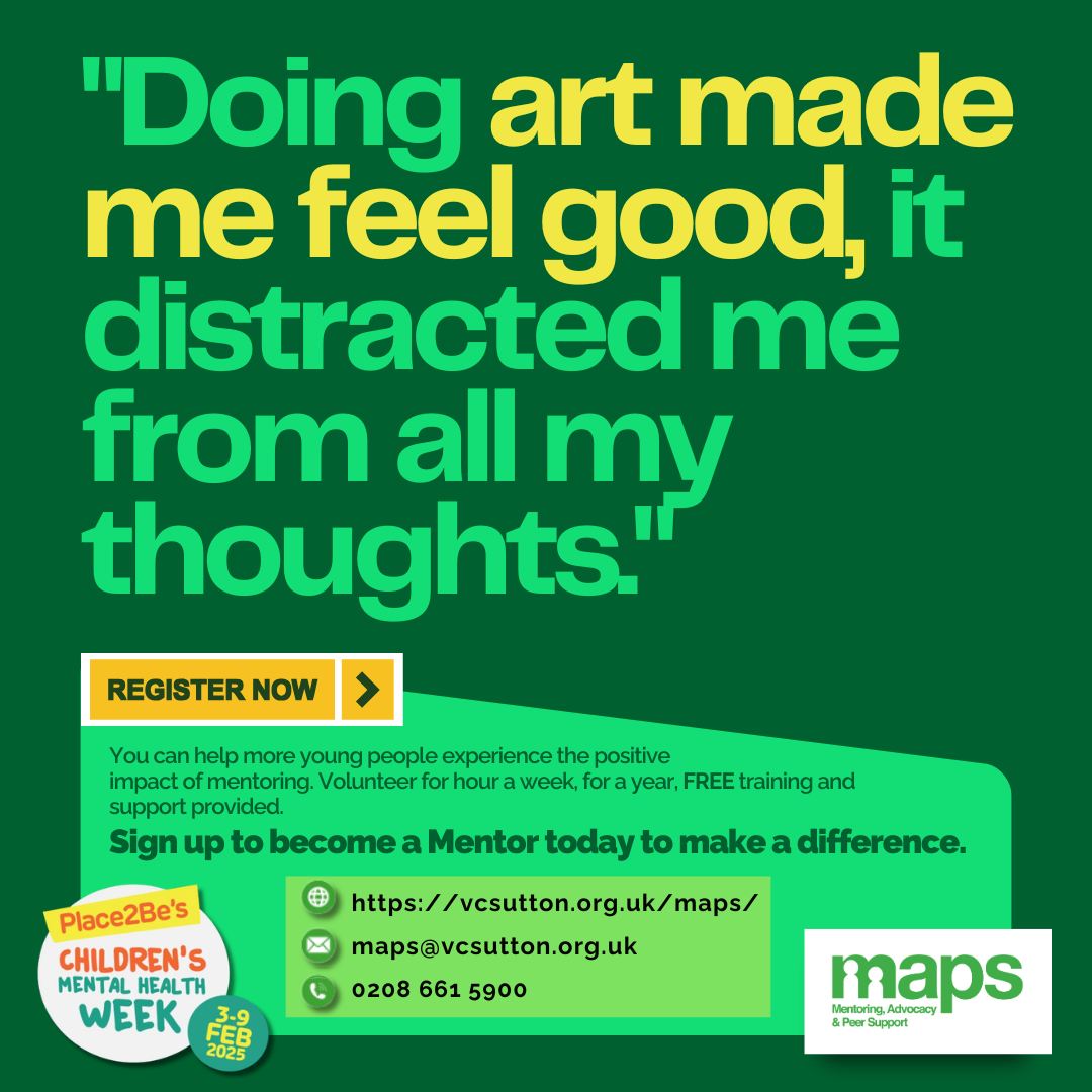 🎨 Creativity boosts well-being! 🎨 This #ChildrensMentalHealthWeek, MAPS Mentoring encourages mentees to express themselves through art to process emotions, reduce stress &amp; build confidence.

<a href="/Place2Be/">Place2Be</a> <a href="/VCSutton1/">Volunteer Centre Sutton</a> 

#CMHW2025 #MentoringMatters #MentalHealthAwareness
